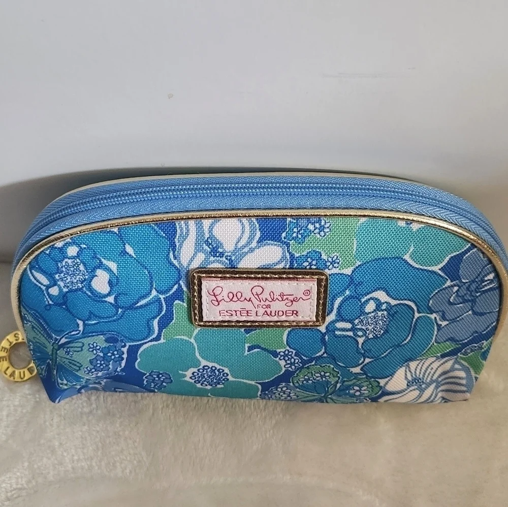Lilly Pulitzer Estee Lauder Blue Green Floral Butterflies Cosmetic Makeup Bag
